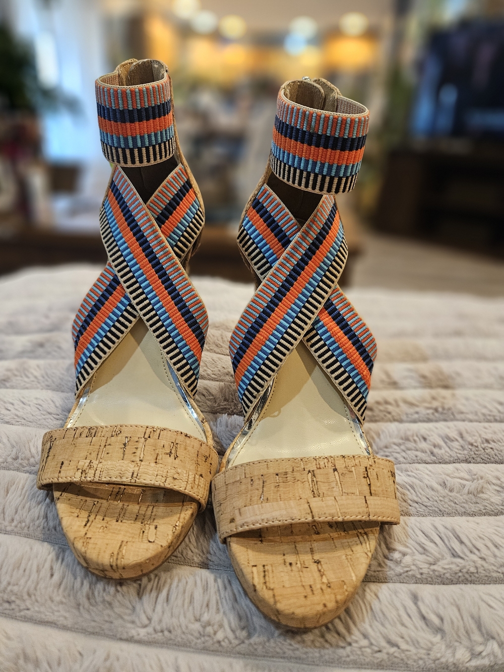 Jessica Simpson Multicolor Striped Cork Wedge Sandals